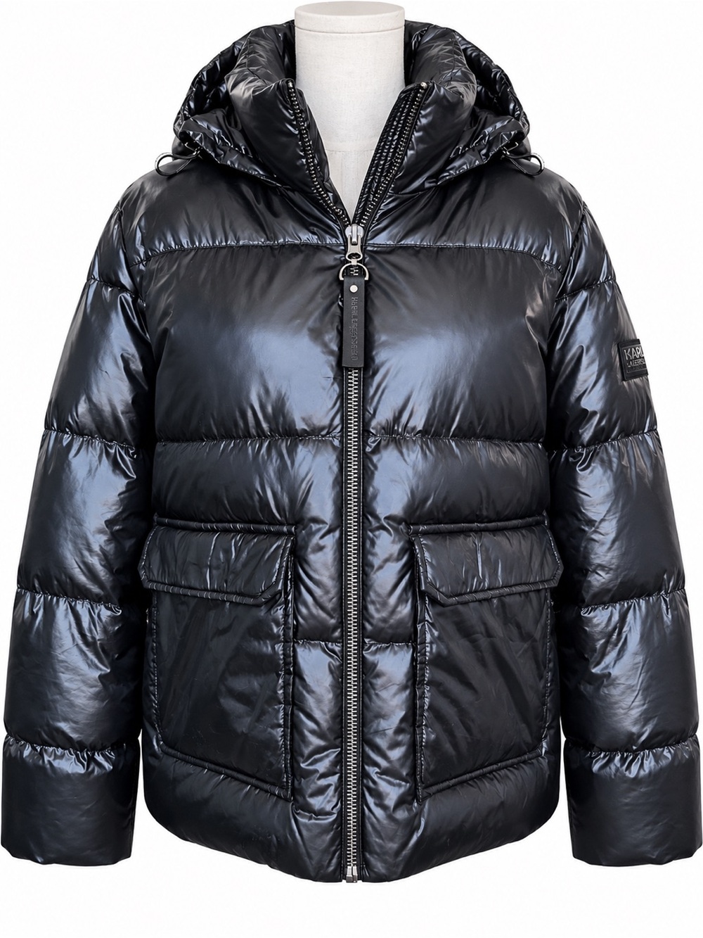 Karl Lagerfeld Paris Iridescent Patch Pocket Puffer Jacket Black Size L